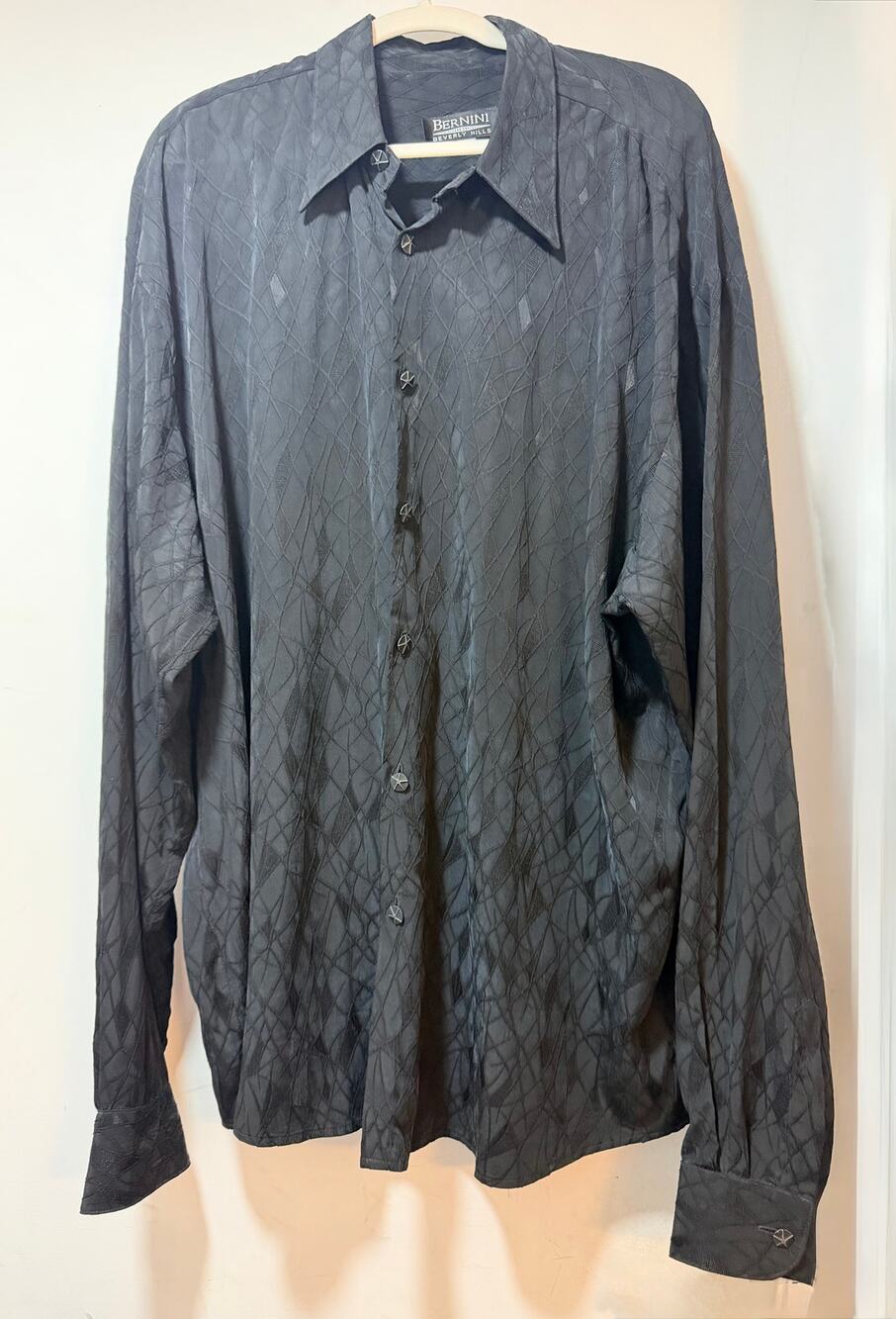 Vintage Bernini Beverly Hills Men's Black Textured Button-Down Shirt Size XXXL